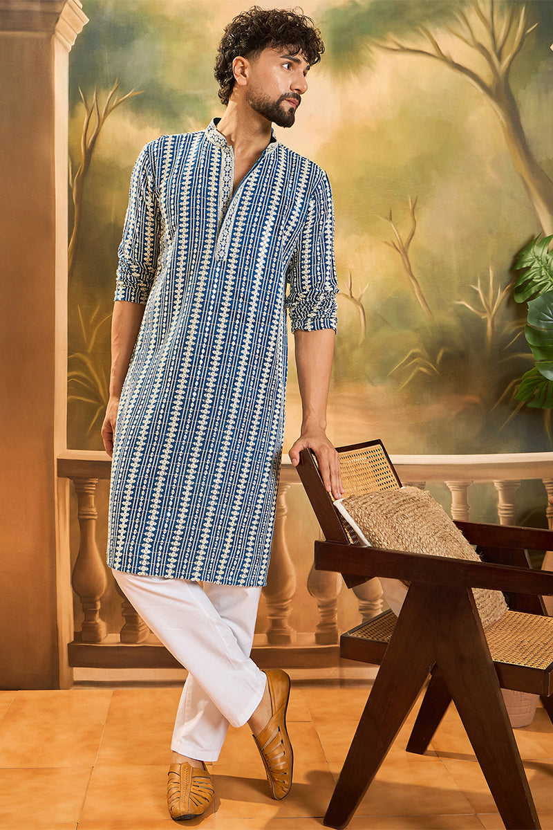 Blue Viscose Rayon Shibori Embroidered Straight Kurta MKU1412
