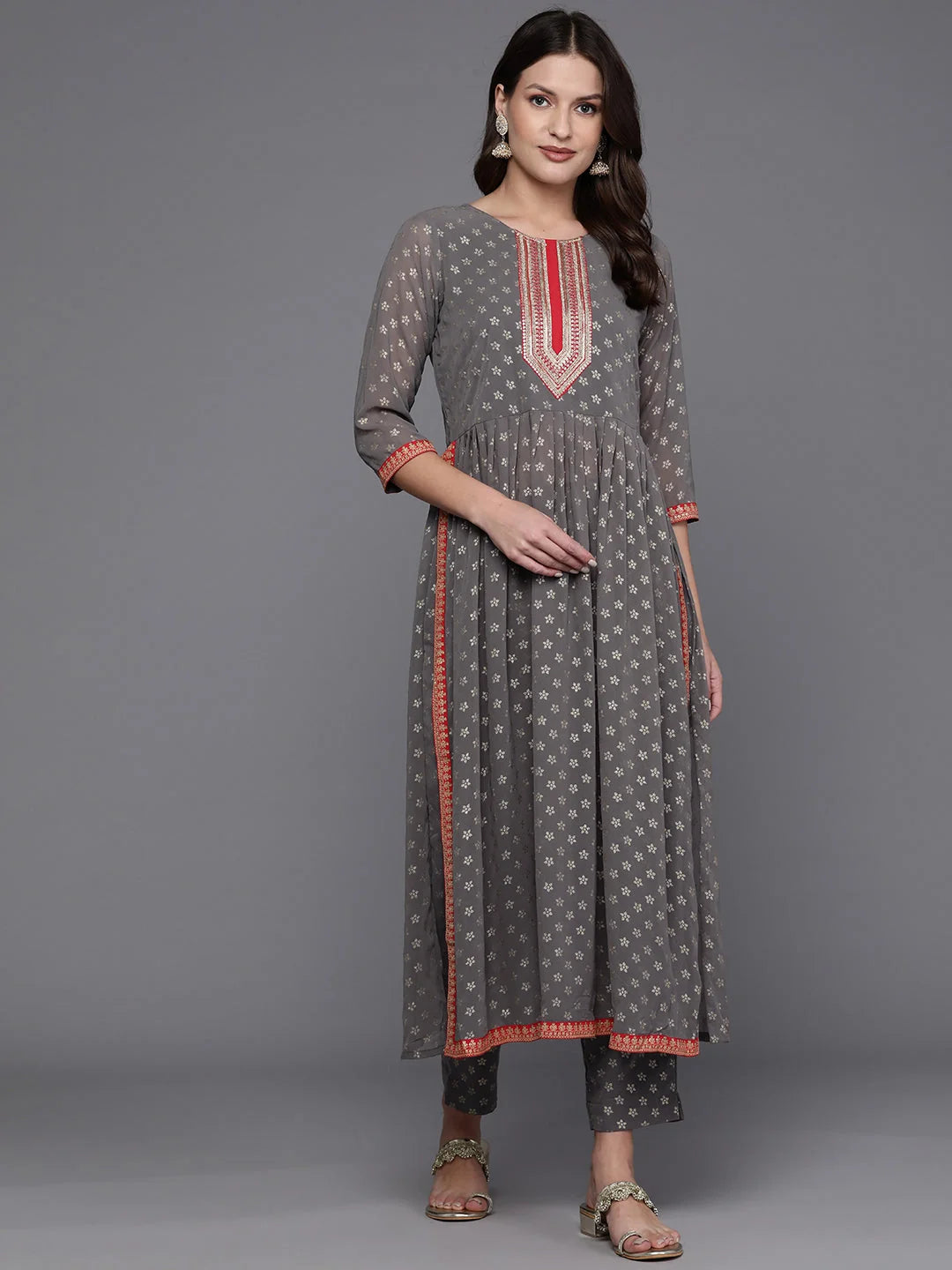 Women Ethnic Motifs Printed Pleated Sequinned Kurta with Trousers-AHKUPT-COMBO-911