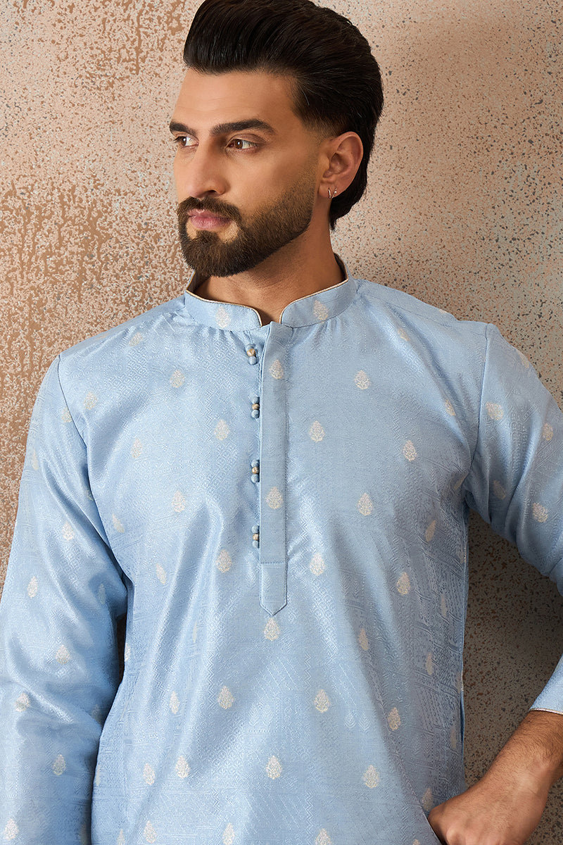 Blue Silk Blend Floral Straight Kurta With Dupatta MKSET2217