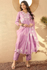 Lavender Silk Blend Embroidered Kurta Trouser With Dupatta HOPPKSKD2594