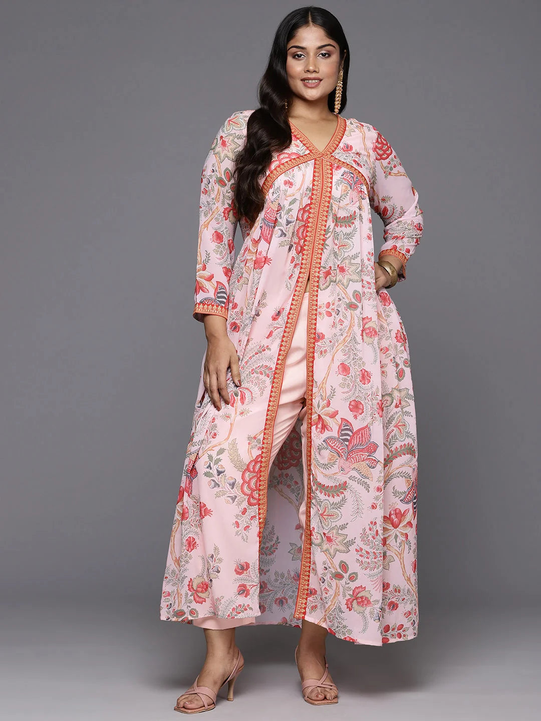 Pink Floral Printed Plus Size High Slit Kurta with Trousers-AP-AHDRPN-COMBO-617-ICH