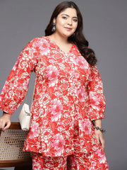 Red & White Printed Plus Size Pure Cotton Tunic with Palazzos-AP-AHTUPZ-COMBO-716