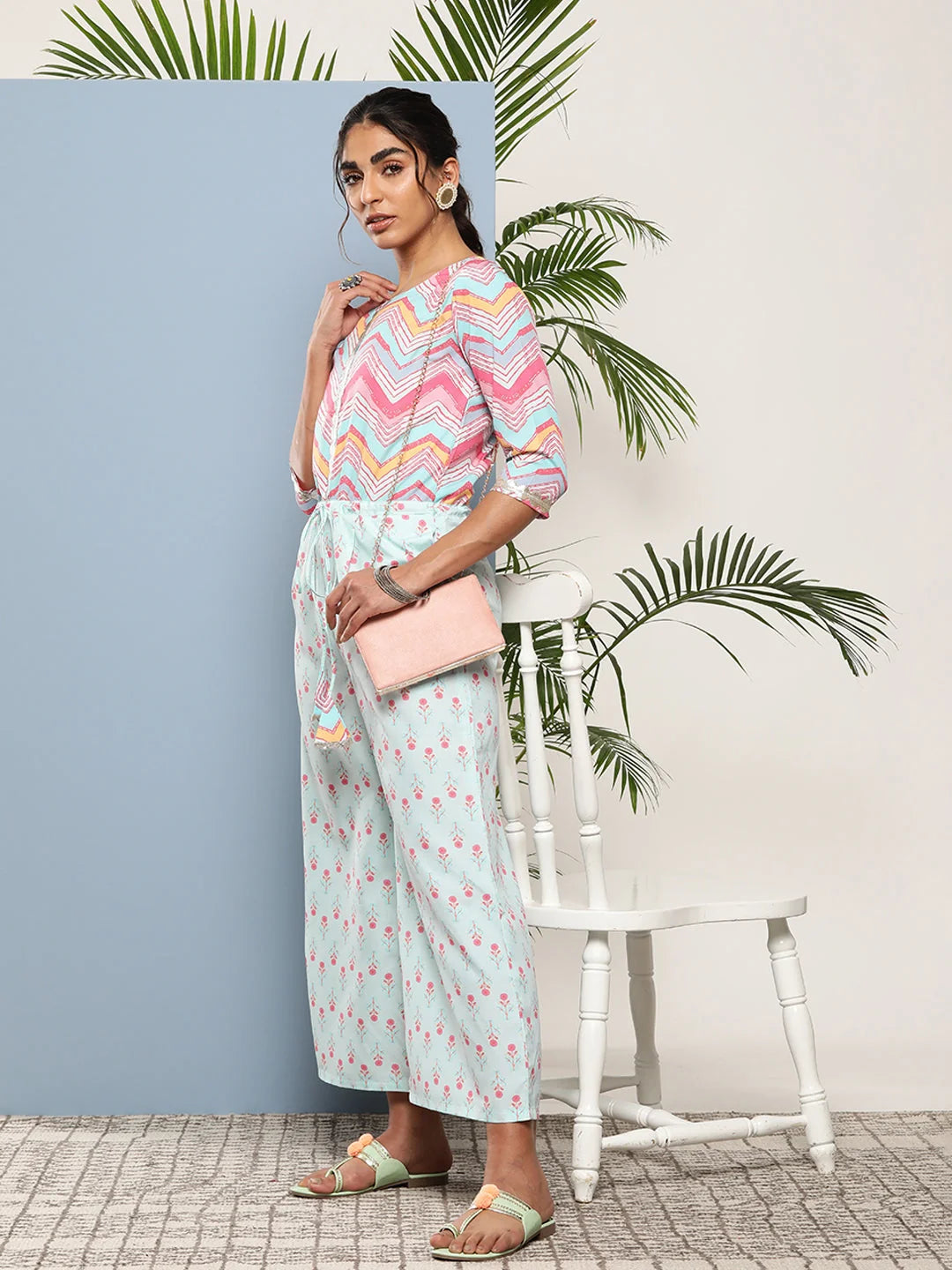 Pink & Blue Printed Waist Tie-Ups Jumpsuit-AHJSCRDP-37
