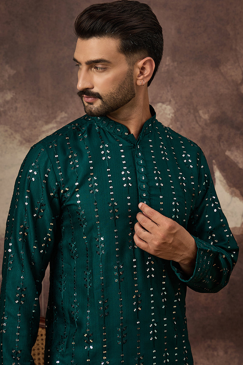 Teal Silk Blend Solid Embroidered Straight Kurta MKU1357