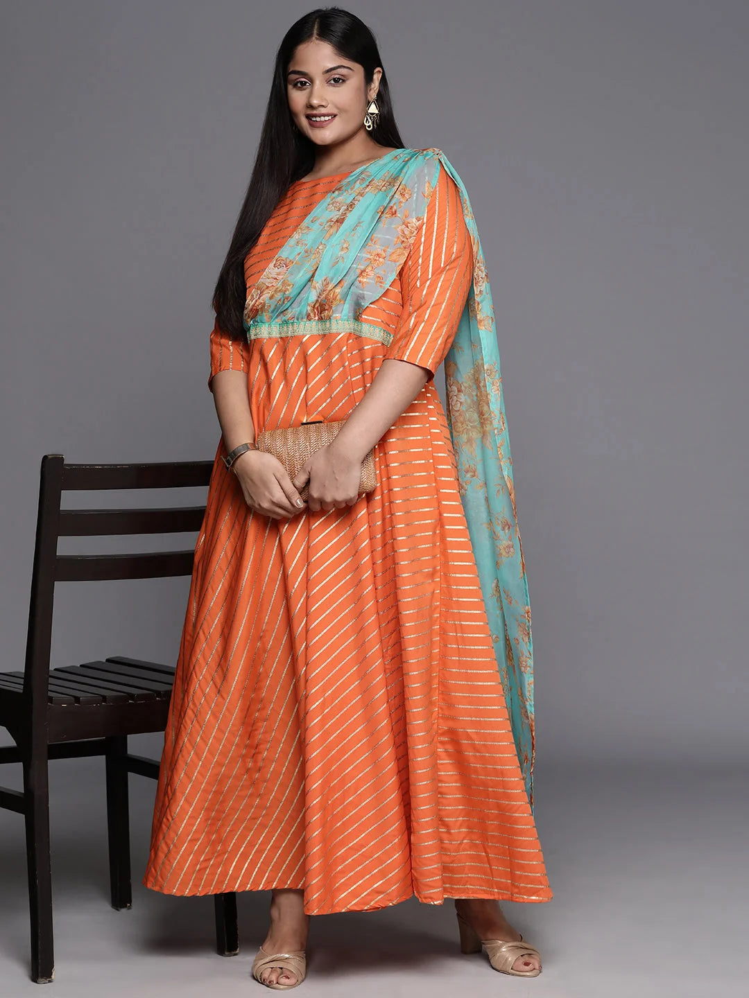 Orange, Gold & Green Maxi Dress - Indian Dresses Online