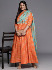 Orange Gold & Green Plus Size Maxi Ethnic Dress-AP-AHKUCRFP-872