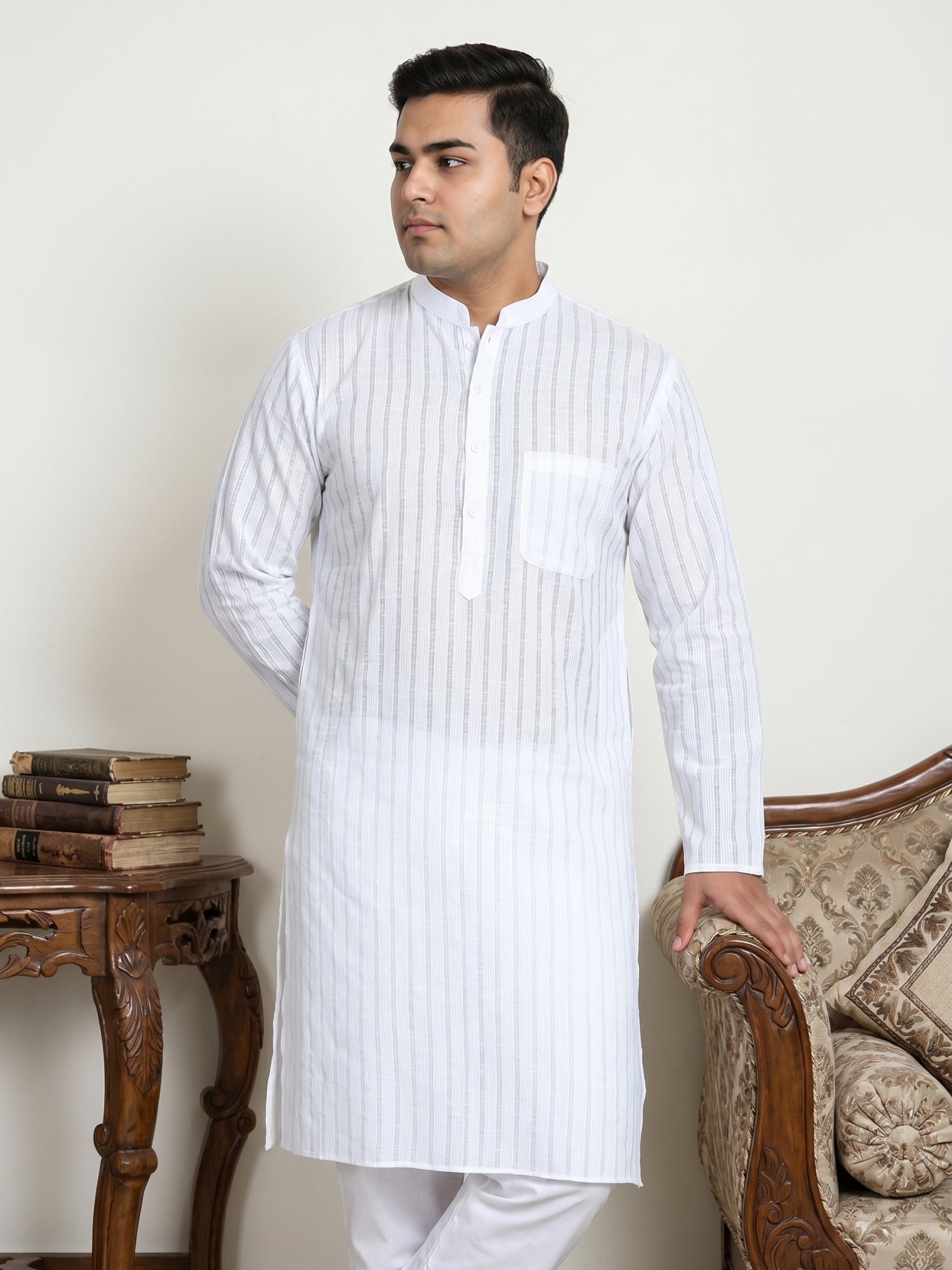 DesiQlo Men Striped Kurta Pyjama Set - White