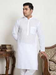 Men's Cotton Striped Kurta Pyjama Set ( JOKP P 5207White  )