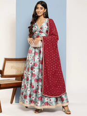 Blue Floral Printed Ready to Wear Lehenga & Blouse With Dupatta-AHBLDUSK-COMBO-747-ICH