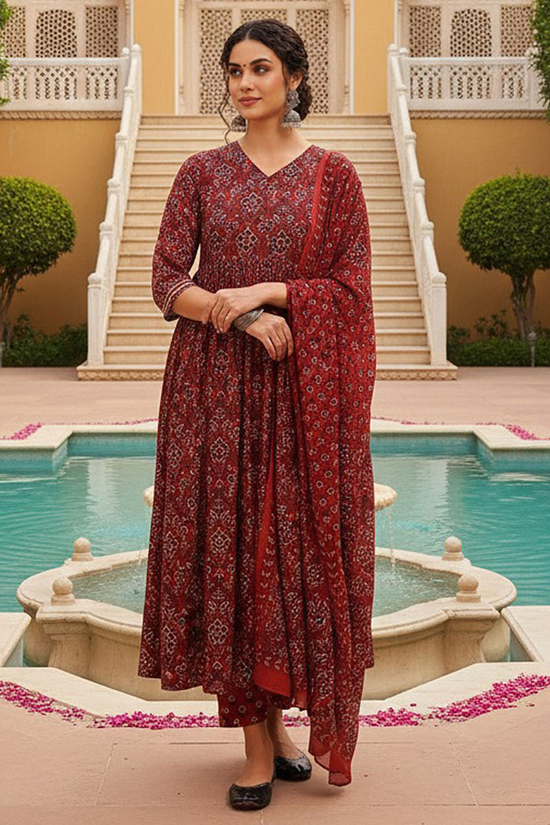 Red Rayon Blend Floral Printed A-Line Trouser Bottom Suit Set VKSKD227