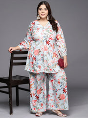 Grey & Pink Floral Printed Plus Size Tunic with Palazzos-AP-AHTUPZ-COMBO-613-ICH
