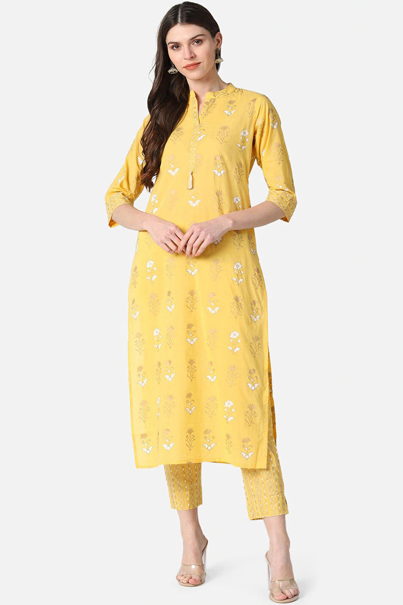 Yellow Pure Cotton Ethnic Motifs Straight Kurta Set VKSET1062