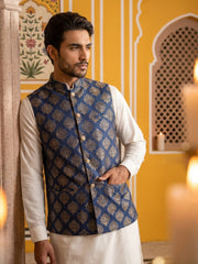 Men's Navy Blue Printed Nehru Jacket With Solid Kurta Pyjama ( JOKPWC 592W 4032Navy )