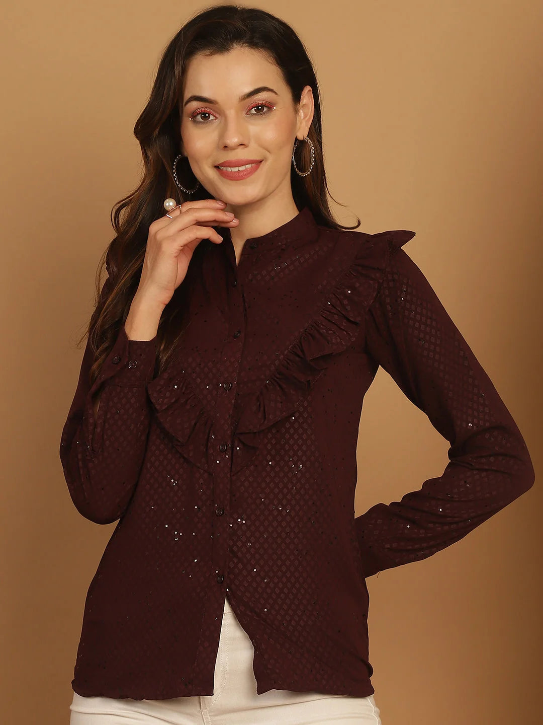 Wine Woven Design Women's Top-JNT-2025Wine