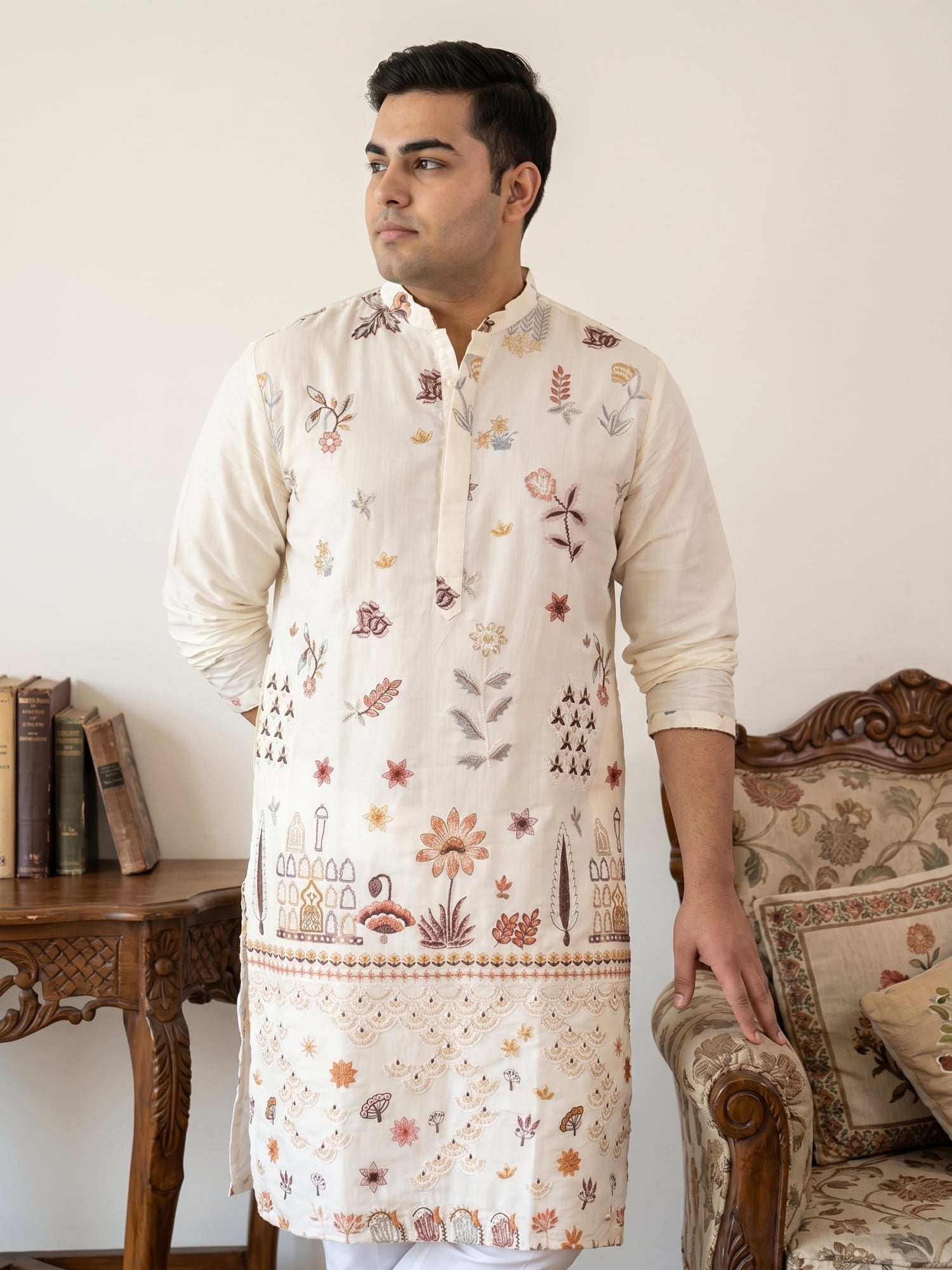 DesiQlo Men Embroidered Kurta Only - White - KO_5140White_3XL