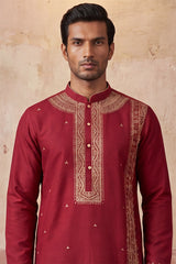Red Silk Blend Solid Emboidered Straight Kurta With Trouser MKSET2314