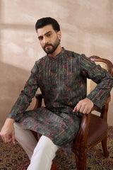 Black Silk Blend Printed Mandarin Collar Straight Kurta With Trouser MKSET2097