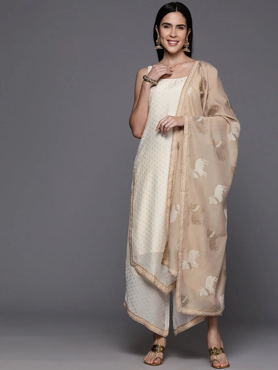 Off White Printed Kurta and Palazzo Set - Chanderi Silk