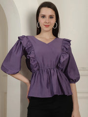 Purple Solid Women's Top With Frills-JNT-2024Purple