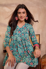 Cotton Blend Blue Floral Regular Tops VT1332