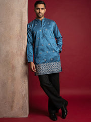 Silk Blend Embroidered Kurta & Korean Pants Set ( 65KP PJ11B 5598Peacock ) [FF] [G-4]
