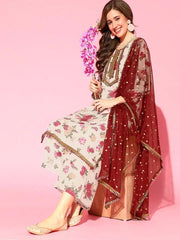Beige Floral Printed Regular Gotta Patti Kurta with Palazzos & With Dupatta-AHKUDUPZ-COMBO-358-FF