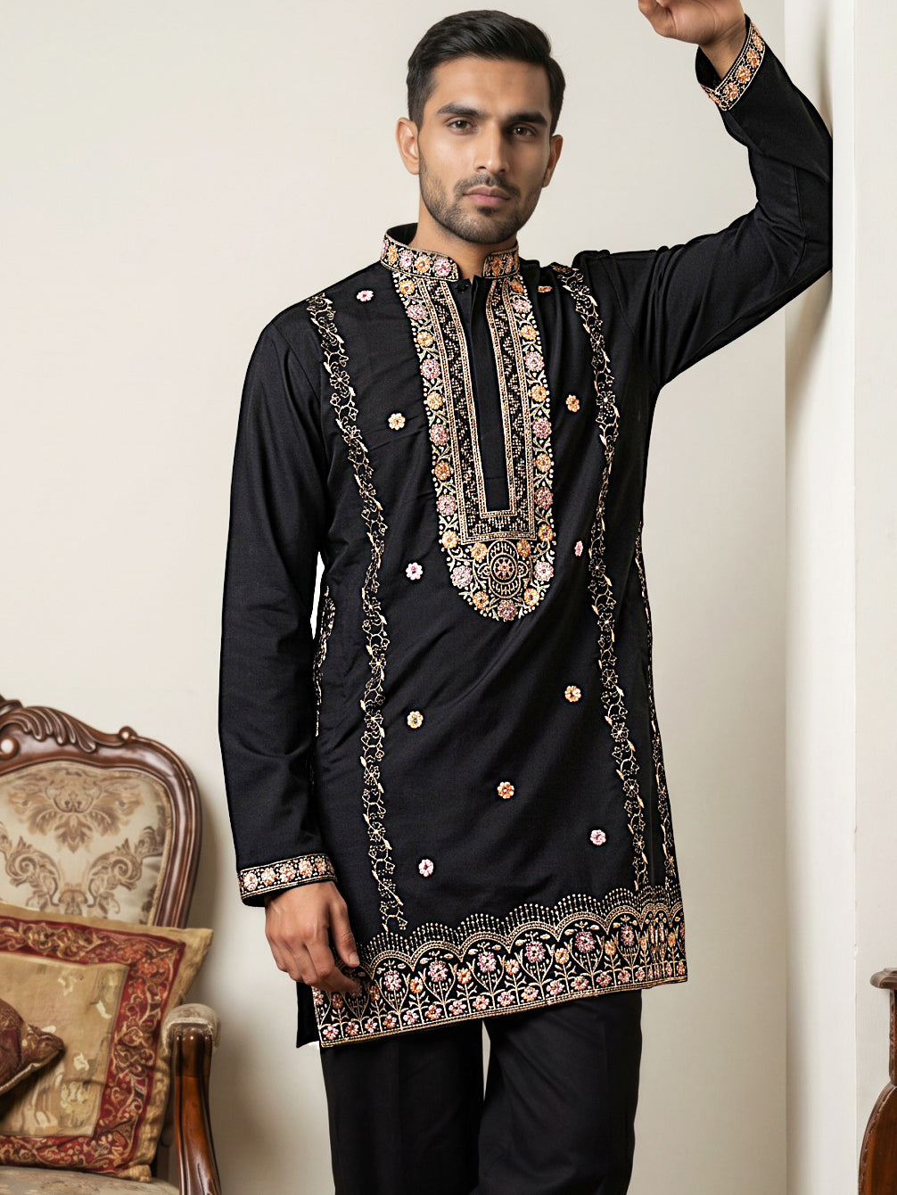 DesiQlo Men Embroidered Kurta Only - Black