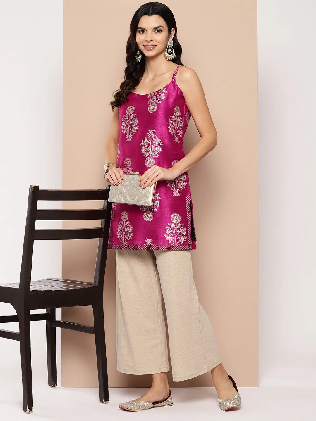 Pink & Gold Printed Tunic Top - Indian Kurta Ladies Online