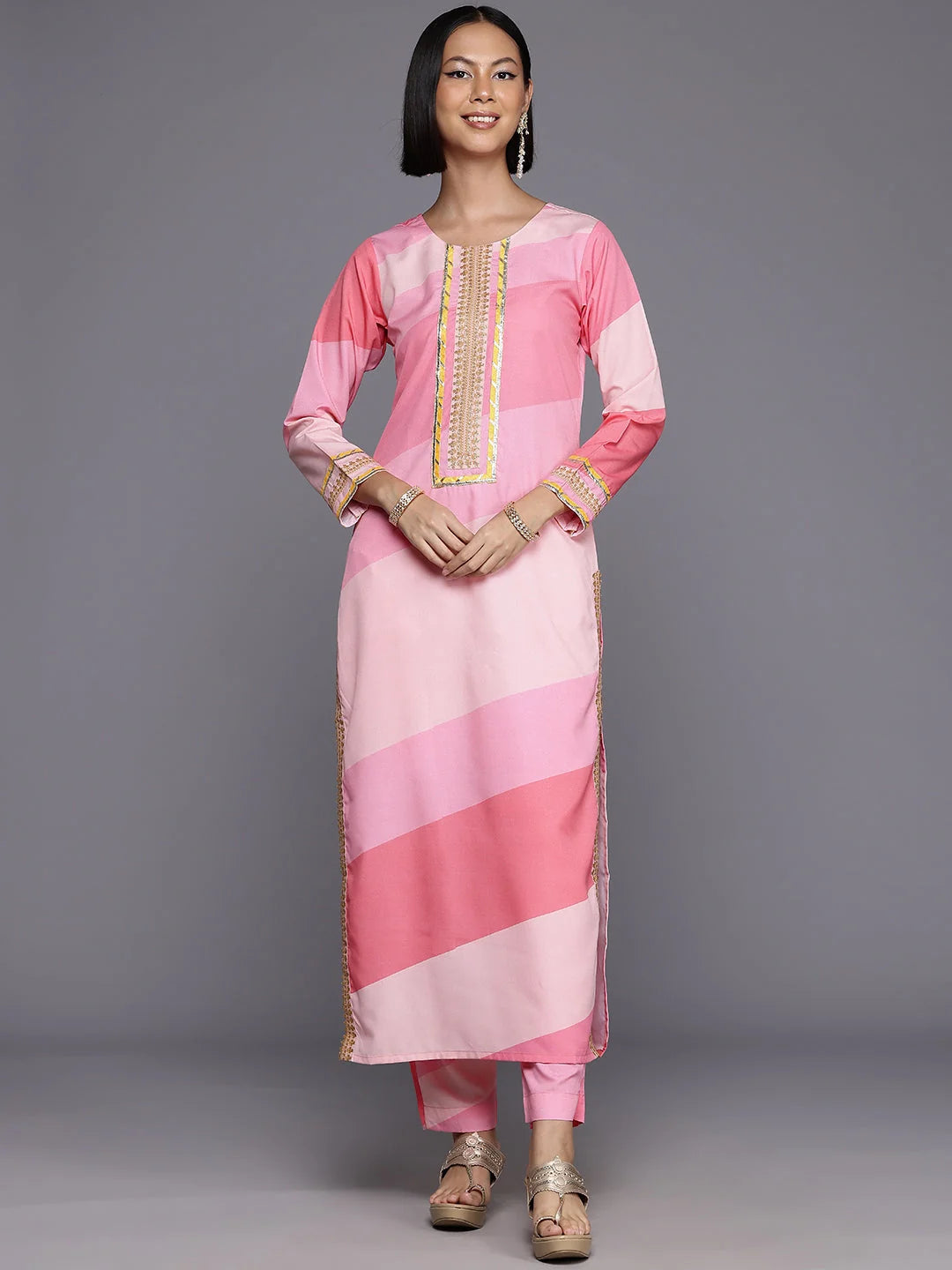 Colourblocked Regular Gotta Patti Kurta with Trousers-AHKUPN-COMBO-953