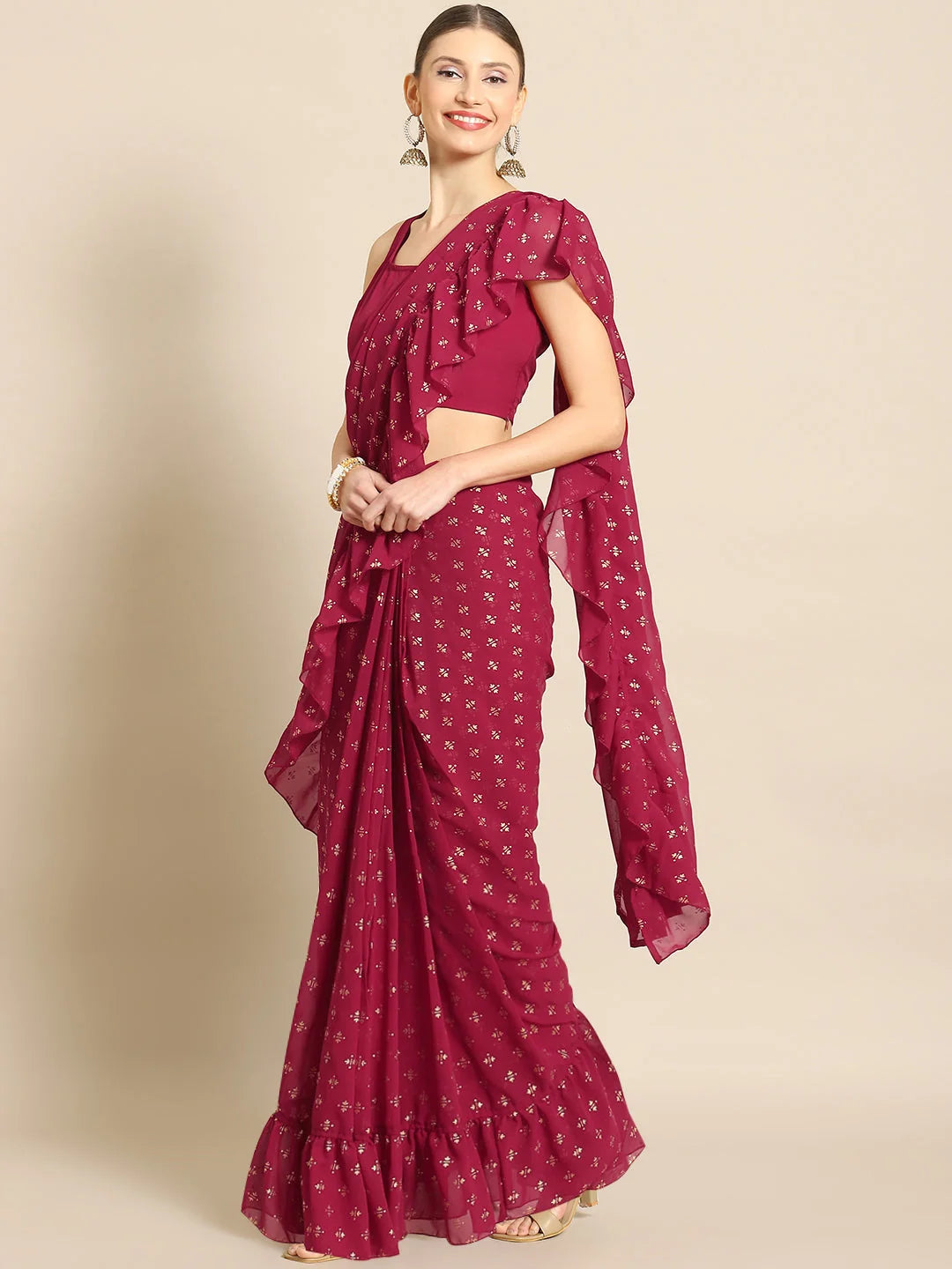 Maroon & Gold Toned Printed Ready To Wear Ruffles Saree-AHSRBL-SET-25