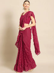 Maroon & Gold Toned Printed Ready To Wear Ruffles Saree-AHSRBL-SET-25
