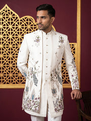 Silk Blend Peacock & Floral Embroidered Indo-Western Set ( 50JIND 224Off-White )