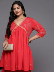 Red & Gold Plus Size Printed Ethnic Co-Ords-AP-AHTUSH-COMBO-880
