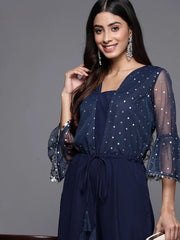 Navy Blue Polka Dots Printed Jumpsuit With Waist Tie-Ups-AHJSNTFP-52