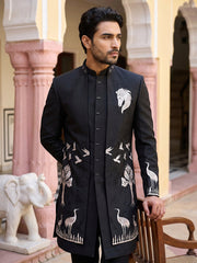 Silk Blend Horse & Crane Embroidered Indo-Western Set ( 50JIND 225Black )