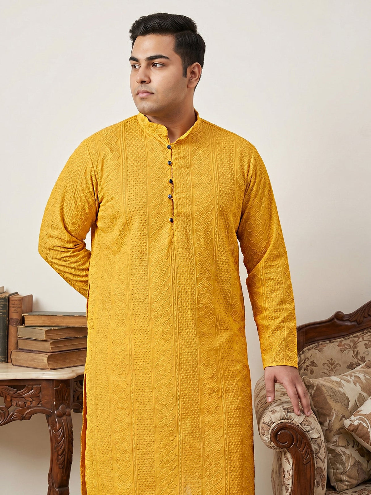 Embroidered Cotton Kurta for Men ( KO 640Mustard  )