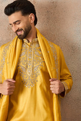 Yellow Silk Blend Embroidered Ethnic Kurta with Dupatta MKUD1023