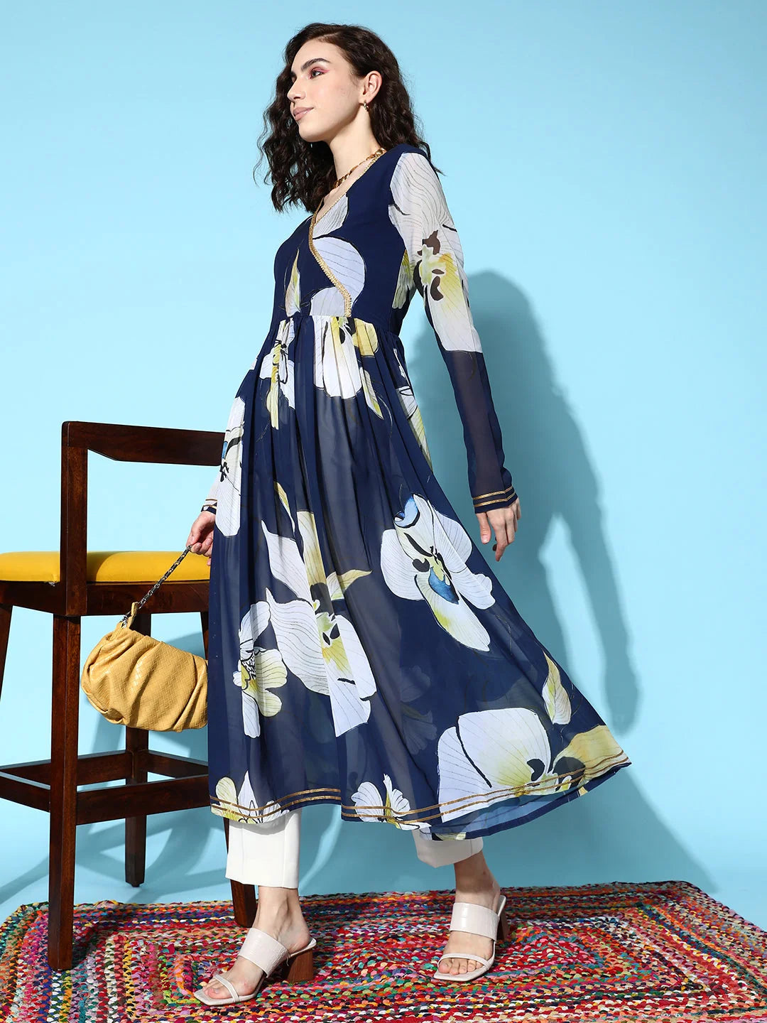 Navy Floral Gotta Patti Kurta | Georgette Indian Kurtis Online