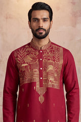 Red Silk Blend Solid Emboidered Straight Kurta MKU2375