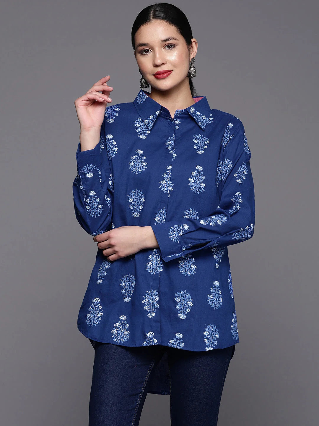 Royal Blue Floral Printed Tunic-AHTUCOKHGL-8080