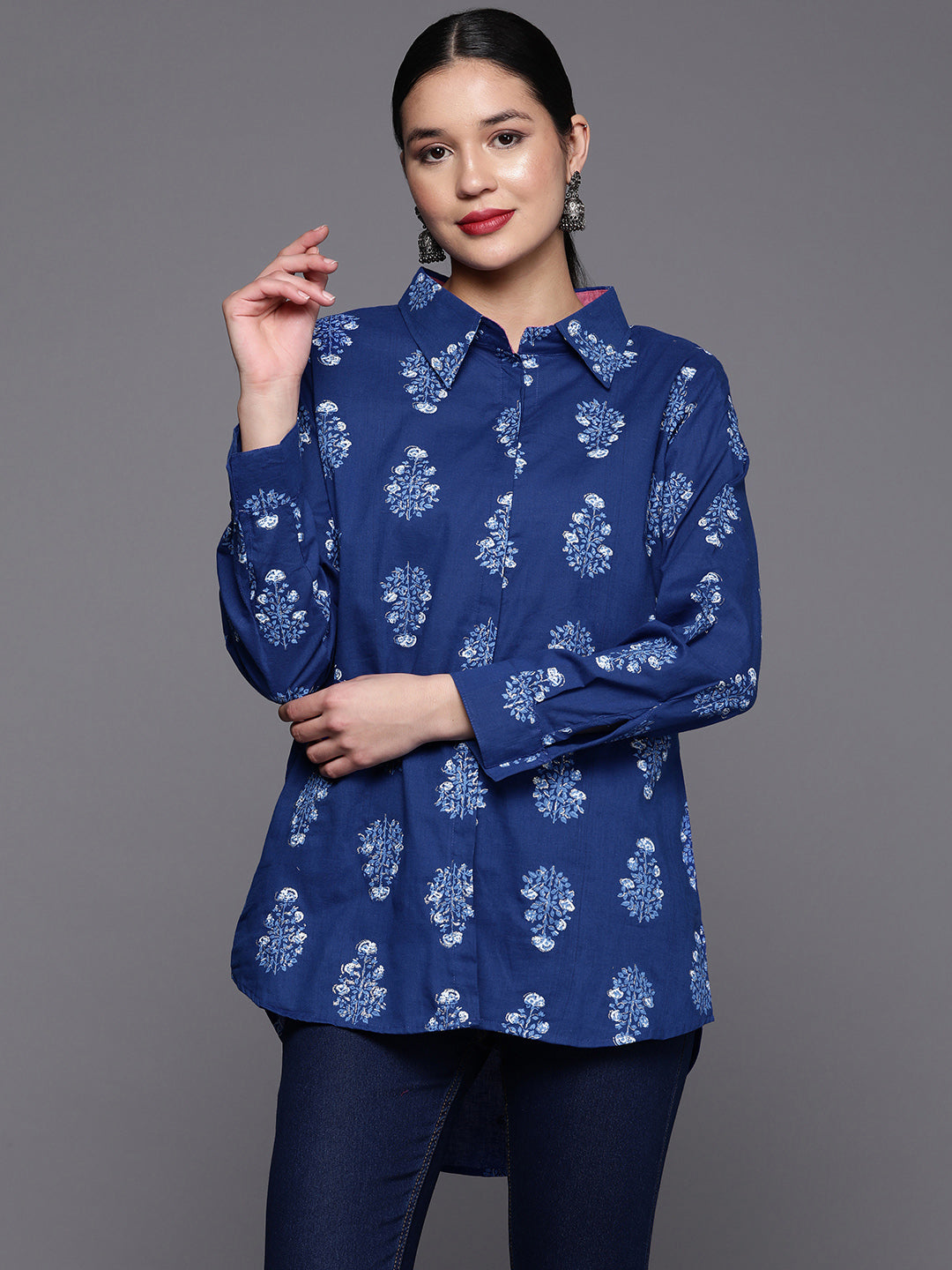 Royal Blue Floral Printed Tunic-AHTUCOKHGL-8080