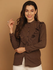 Coffee Brown Woven Design Frill Top-JNT-2025Coffee