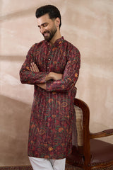 Maroon Silk Blend Printed Mandarin Collar Straight Kurta MKU2024