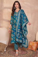 Blue Cotton Blend Abstract Printed Straight Kurta Trouser With Dupatta VKSKD3212