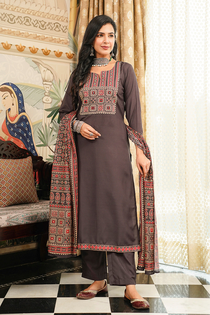 Black Rayon Blend Ajrakh Printed Straight Kurta Trousers With Dupatta PKSKD3065