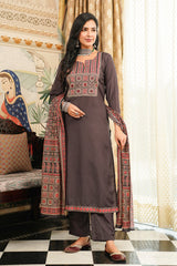 Grey Cotton Blend Ajrakh Printed Straight Kurta Trousers With Dupatta PKSKD3065