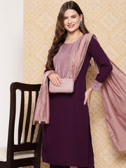 Burgundy Yoke Design Kurta with Trousers & With Dupatta-AHKUPNDU-COMBO-842-ICH