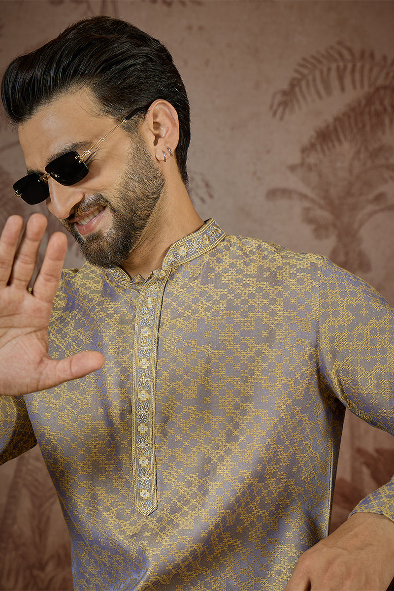 Grey Jacquard Geometric Embroidered Kurta MKU2548