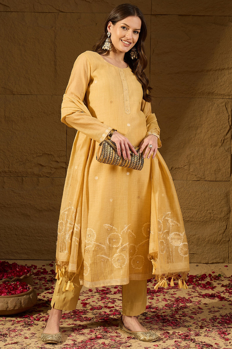Yellow Chanderi Woven Design Straight Kurta Trouser with Dupatta PKSKD