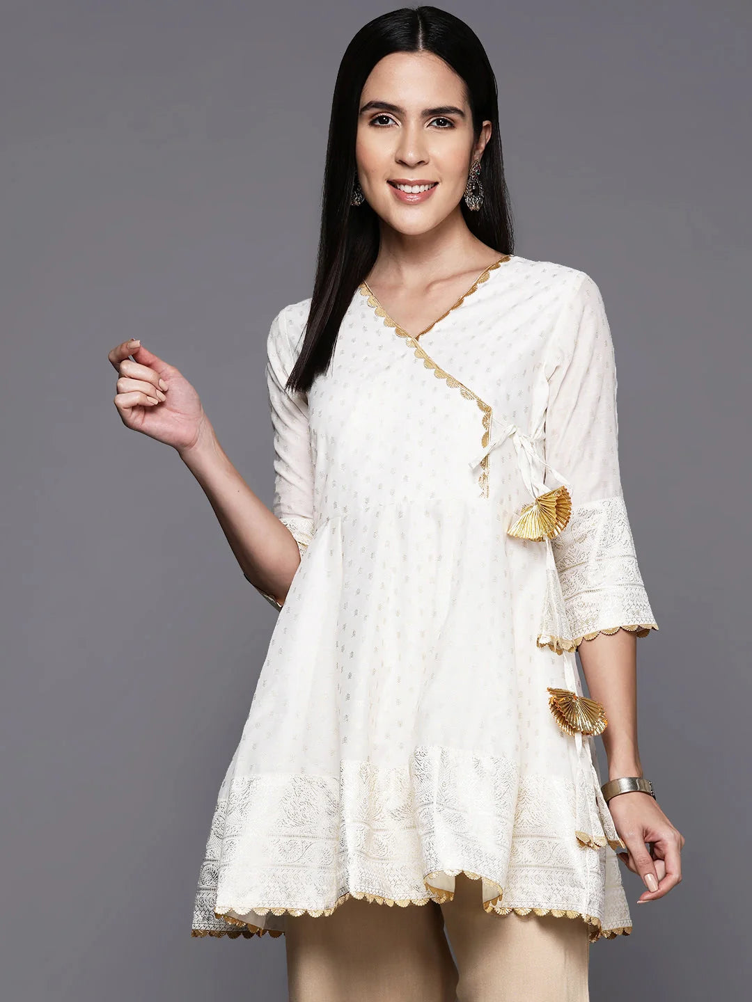 Gold Printed Ethnic Tunic Top - Chanderi Indian Kurtis Online